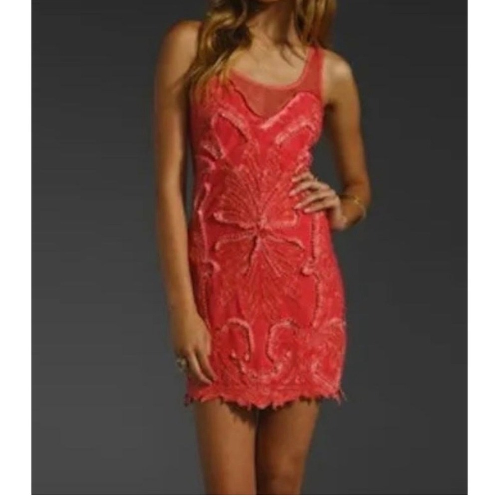 Free People Beaded Mesh Mini Dress Coral Pink Sleeveless Embroidered Boho NEW